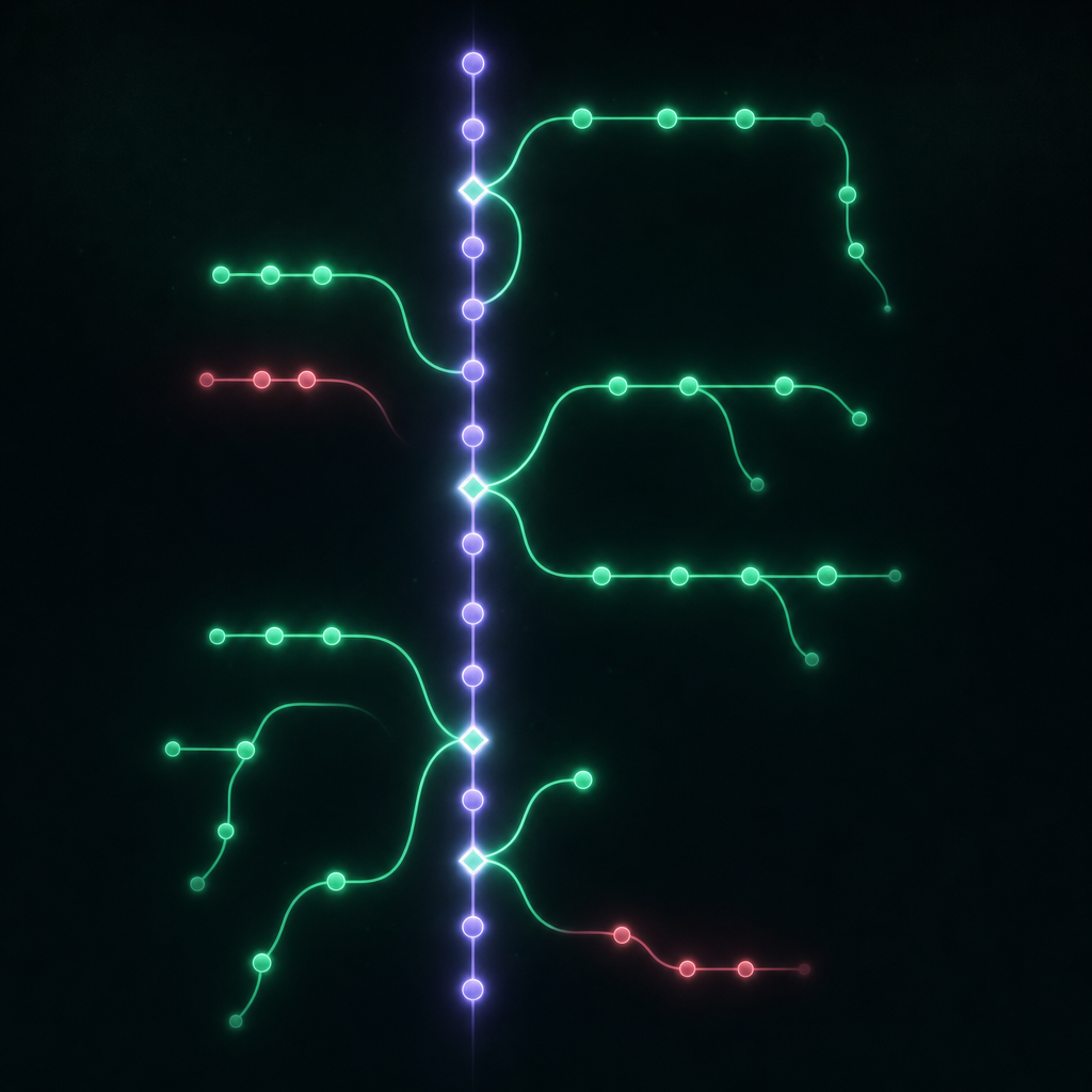 A detailed Git-style branch graph: a violet trunk of base commits with mint feature branches splitting off, a few merging back through a glowing gate, and one or two ending in faint coral dead-ends.