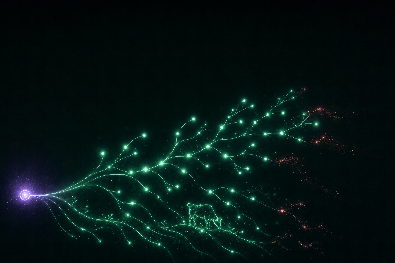 A glowing version-control graph: one violet base node on the left, mint-green branch lines arcing out to many child nodes (copy-on-write branches), a few dissolving into coral dust (discarded experiments), and a small friendly cow grazing among the branches.
