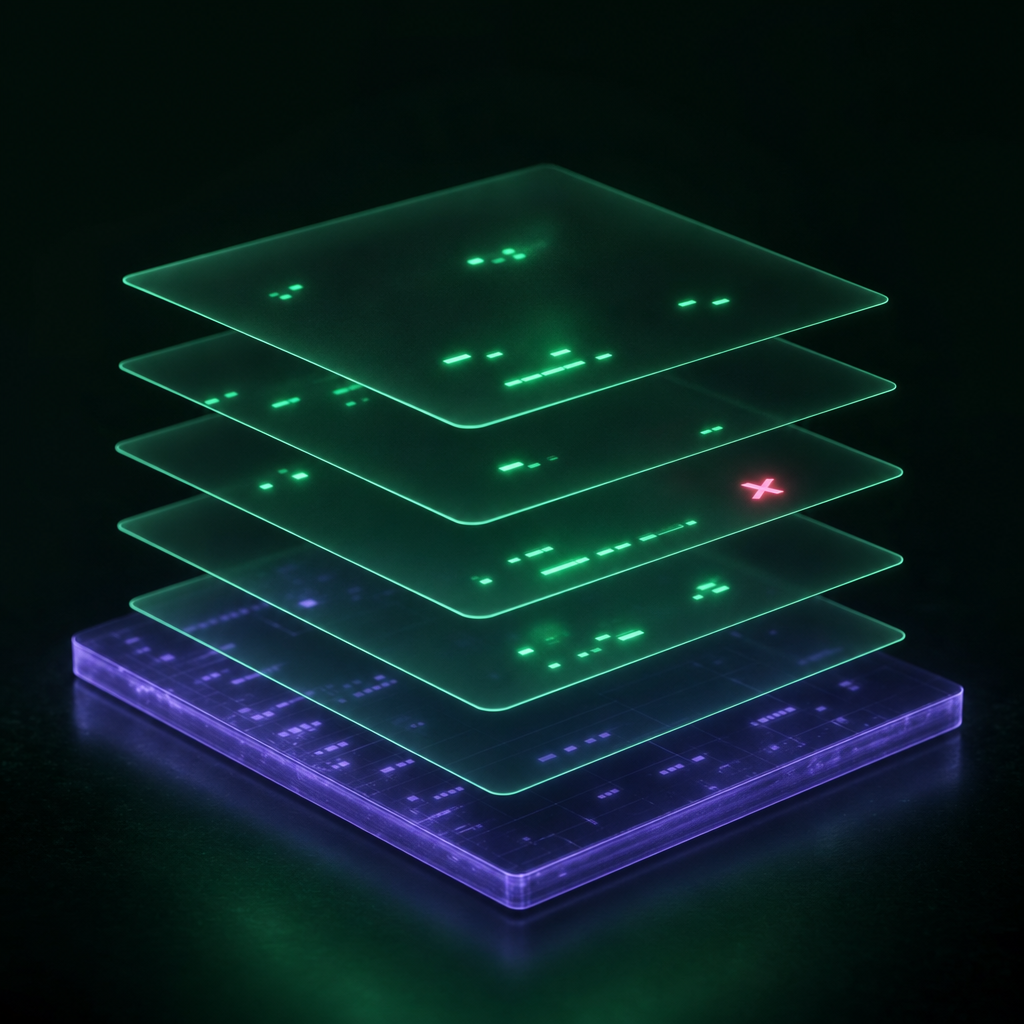 One glowing violet base page with thin transparent mint-green overlay sheets floating above it; each overlay records only a few new marks while the base shows through untouched.