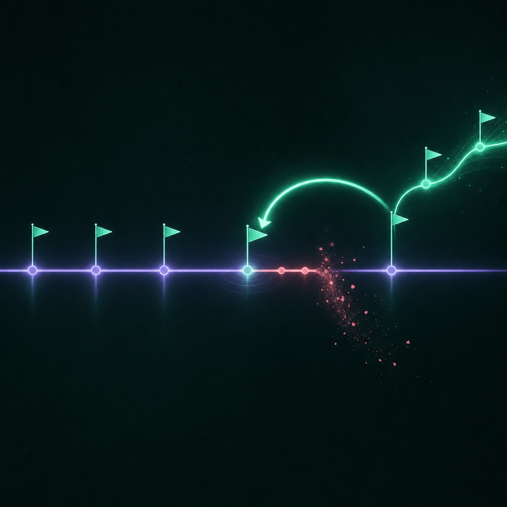 A glowing timeline with mint checkpoint flags and a bright rewind arrow snapping back to a clean checkpoint, while a small cluster of coral poison specks is discarded and fades away.